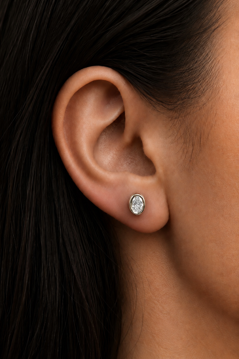 Oval bezel Stud Earring - 1ct Lab Grown Moissanite